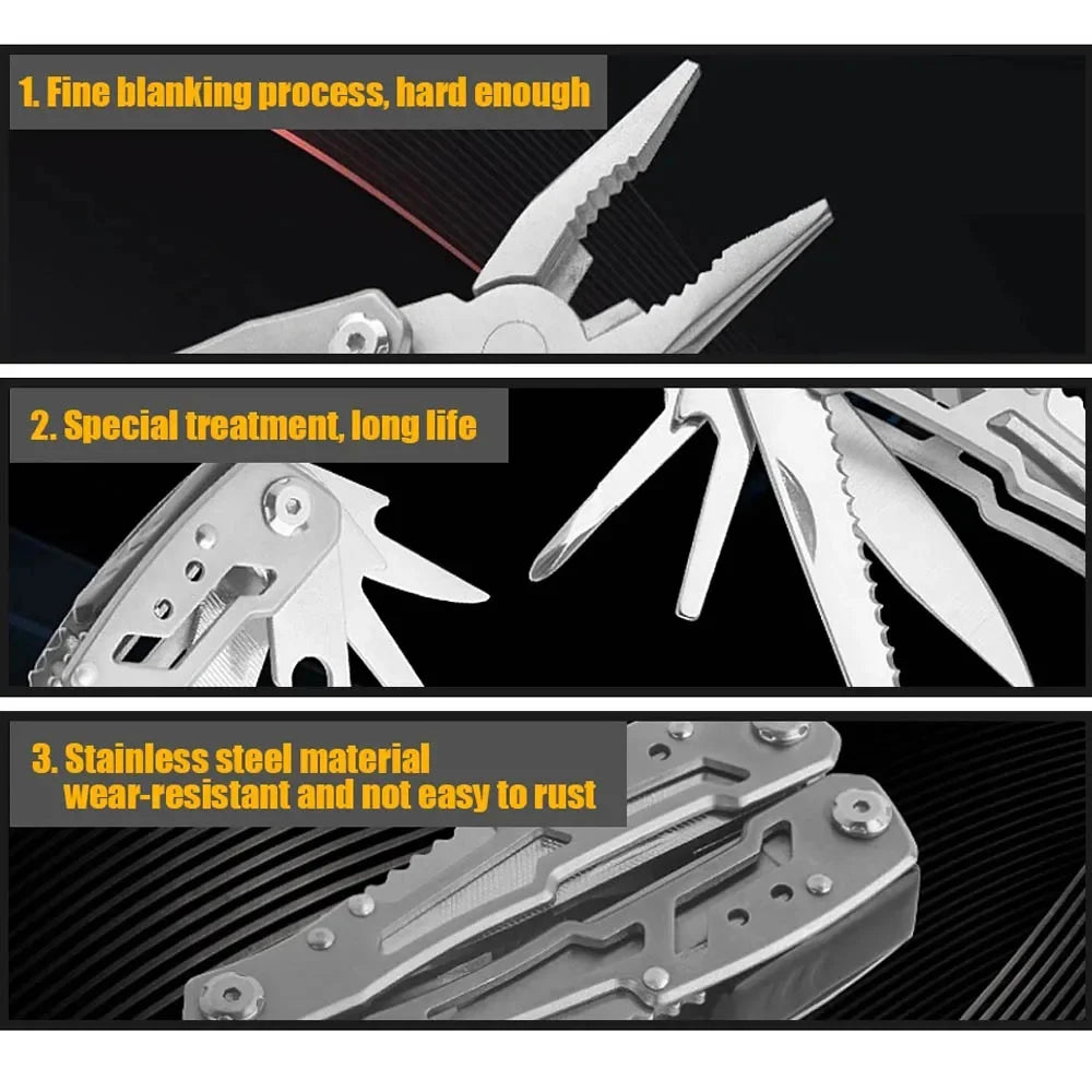 Stainless steel folding multi-tool with pliers and multiple blades, silver
