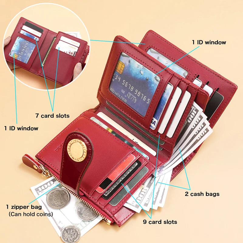 Wine red women’s short wallet open, showing ID window, card slots, and zipper coin pocket