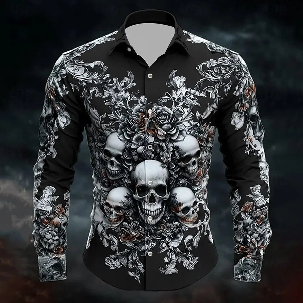 Men's Halloween Skull Button-Up Shirt | Dark Gothic Long Sleeve Top K's Collection Store