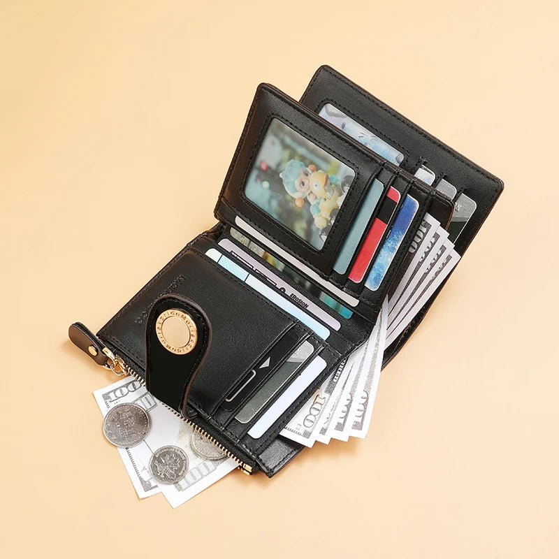 Black short wallet open with card slots, gold-tone zipper, bills and coins