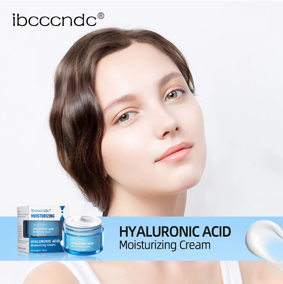 Model with hydrating cream jar shown near her face and open lid