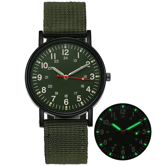 Luminous quartz wristwatch with dark green dial, red second hand, green fabric strap