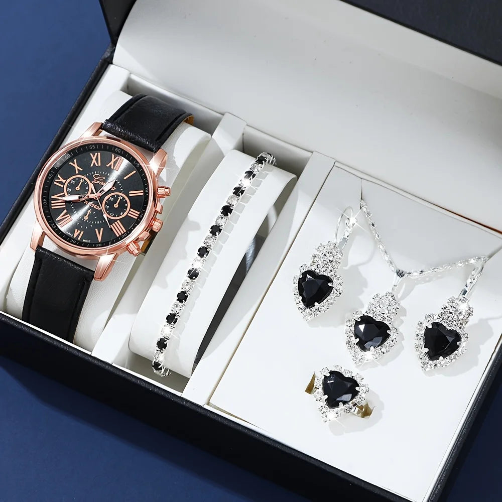Fashion Quartz Watch and Jewelry Set, Shock Resistant Circular Analog Digital Display, PU Leather Strap, Zinc Alloy Case K's Collection Store