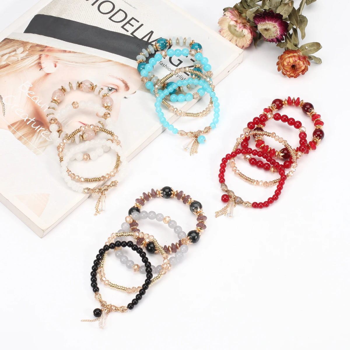 Bohemian Stackable Bead Bracelets for Women Multilayered Bracelet Pendant Charm Stretch Bangles K's Collection Store