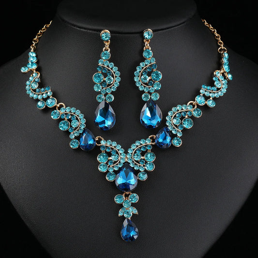 2pcs/set Jewelry Sets Women Blue Elegant Waterdrop Rhinestone Pendant Necklace stud Earrings Wedding Dress Bridal Jewelry Set K's Collection Store
