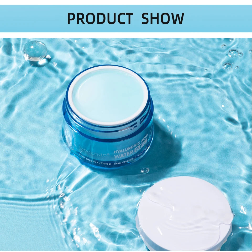 Water gel jar with white cream surface and blue container in water