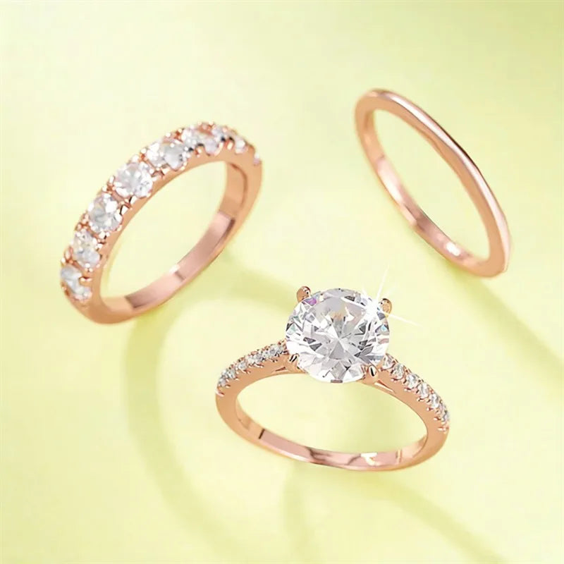 Huitan Gorgeous 3Pcs Set of Rings Female Luxury Shiny Round Zirconia Finger Jewelry Fashion Gold Color Accessories for Wedding K's Collection Store