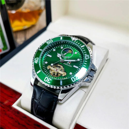 Men's automatic skeleton mechanical watch with green dial and black leather strap