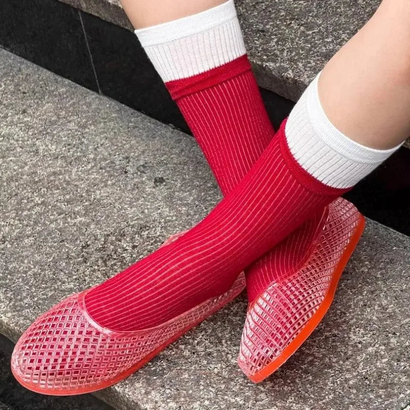 Red jelly shoes with ribbed socks, mesh lattice slip-on flats