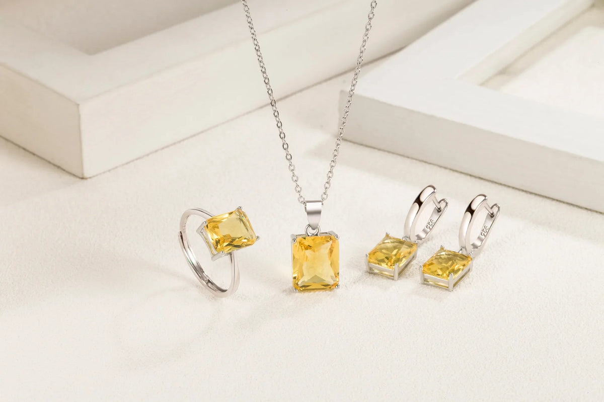925 Sterling Silver  Elegant Jewelry Sets Ring Earrings Necklace For Women Rectangle Geometry Zircon Wedding Accessories K's Collection Store