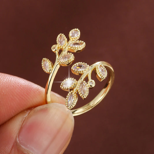 Fancy Leaf Design Zircon Adjustable Ring Women Opening Rings for Party Daily Wear Fashion Jewelry K's Collection Store