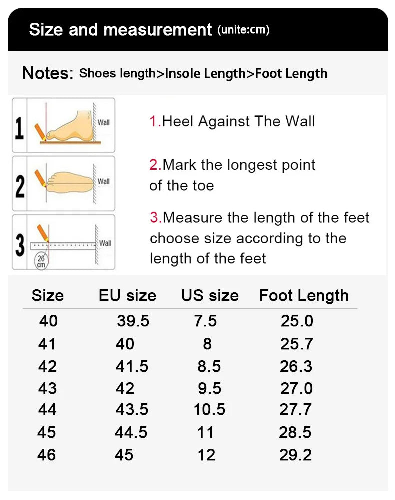 Men's sneakers size chart with EU/US sizes and foot length measurements in cm