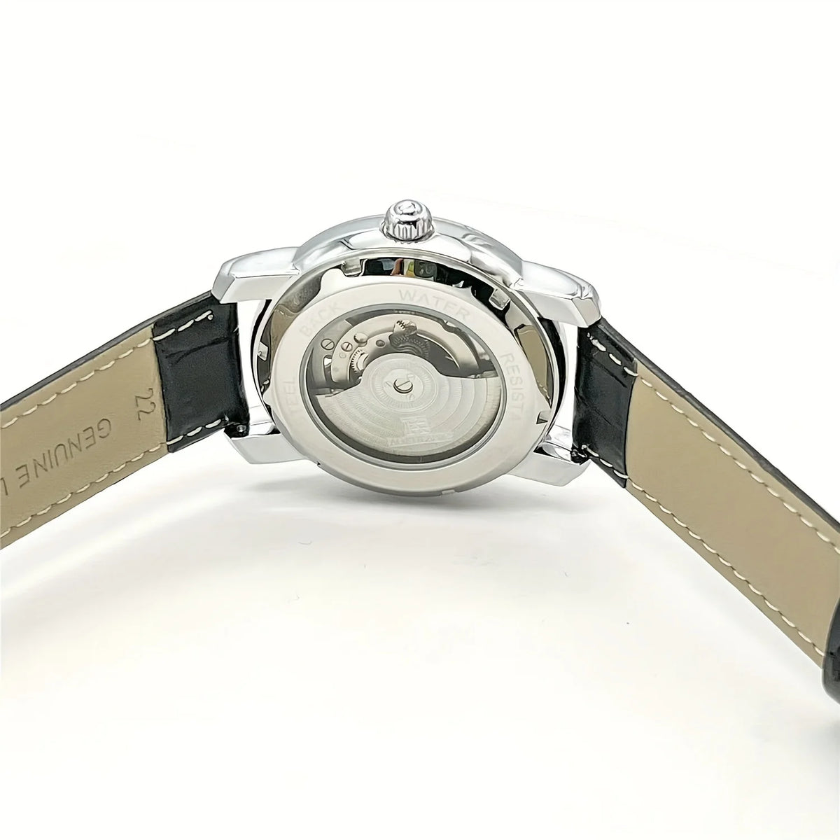 Men's automatic mechanical watch silver case with exposed movement and black leather strap