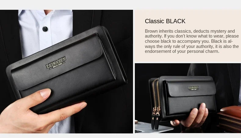 Black leather wallet with front flap, LEINASEN logo, and double zipper closure