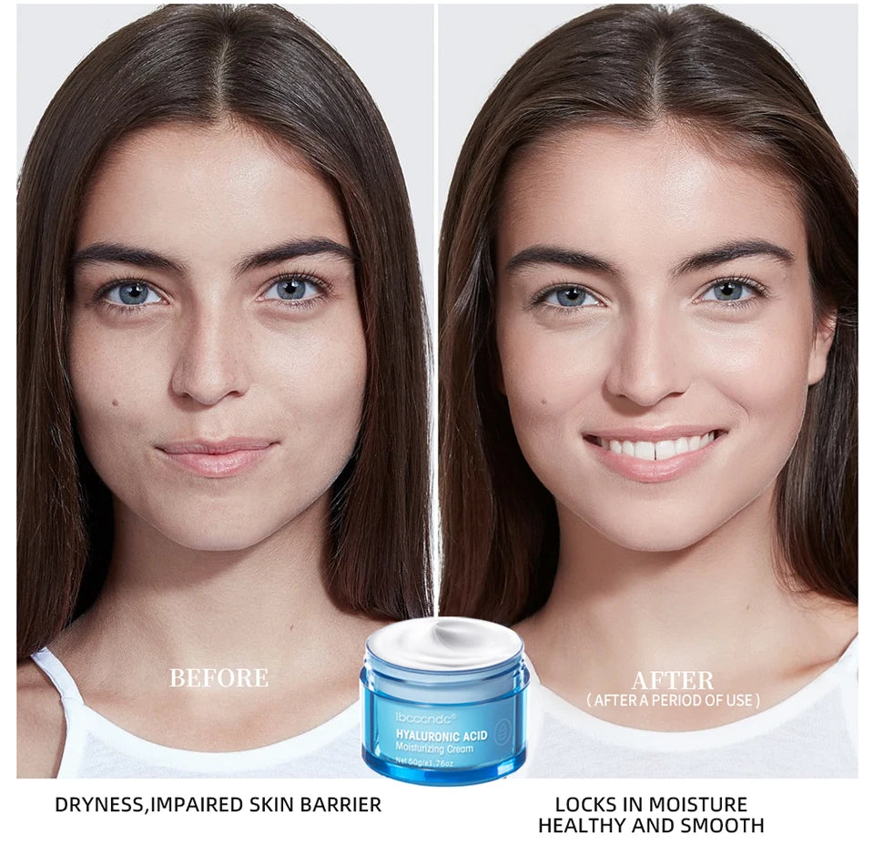 Two portrait photos with moisturizer jar centered between before and after faces