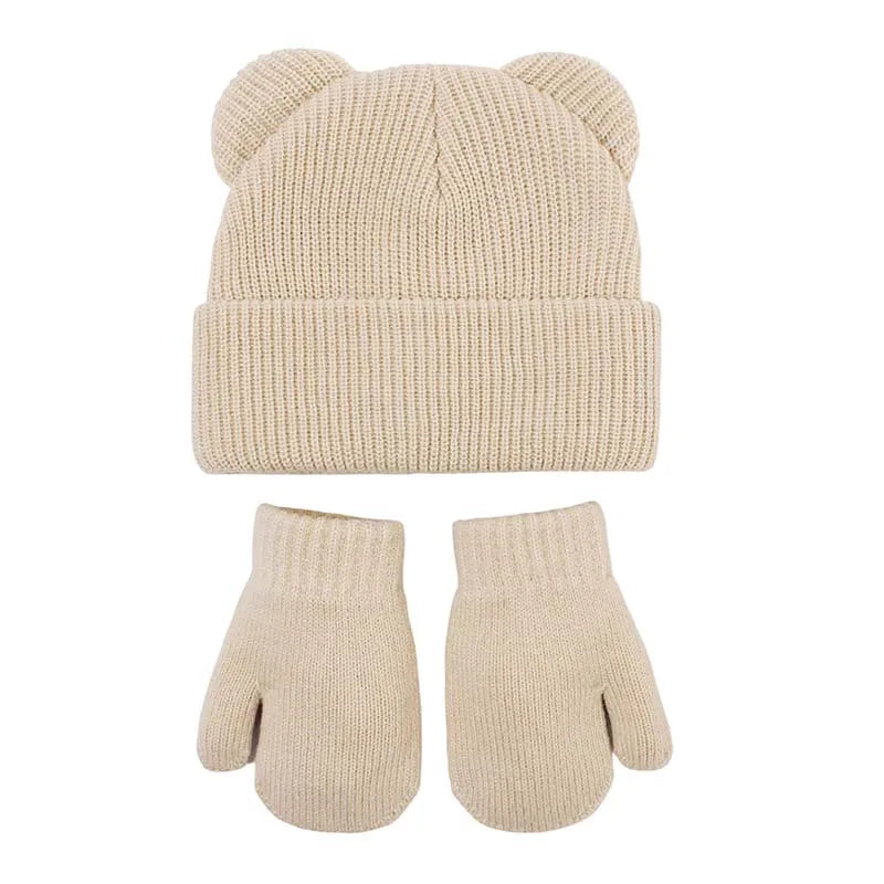 Winter Kids Hat Gloves Set Cute Bear Ear Beanie for Boys Girls Warm Kintted Earflap Hats Solid Color Mittens 6M-3Y K's Collection Store