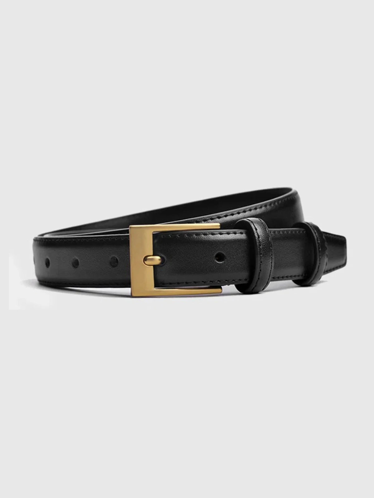Women's black PU leather belt with gold rectangular pin buckle and hole detailing