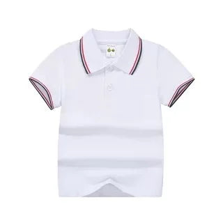 Boys white short-sleeve polo shirt with striped collar and sleeve trim