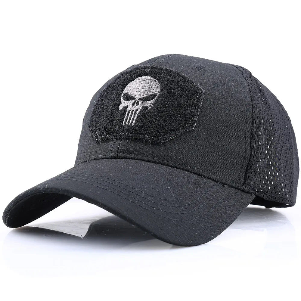 Black baseball cap with white skull patch and breathable mesh side panels