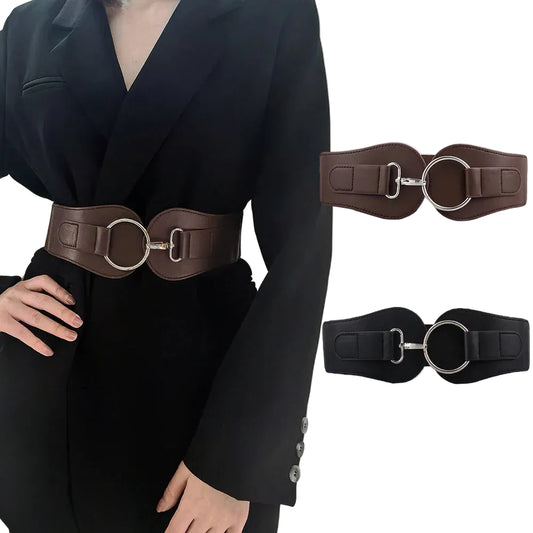 Wide elastic waist belt, dark brown with silver circular ring buckle