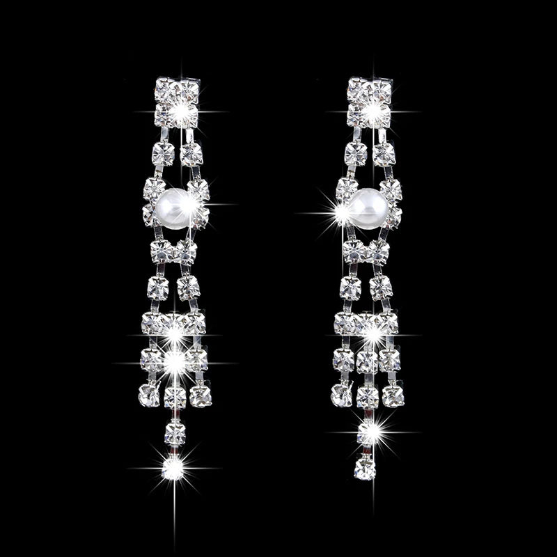 Luxury Long Tassels Jewelry Pearl Necklace Earing Set Crystal Zircon Wedding Bridal Jewelry Sets For Women Bijoux Mariage Zestaw K's Collection Store
