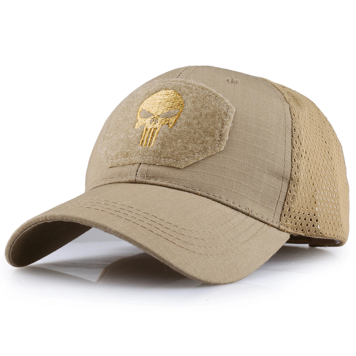 Beige baseball cap with gold skull patch and breathable perforated side panels