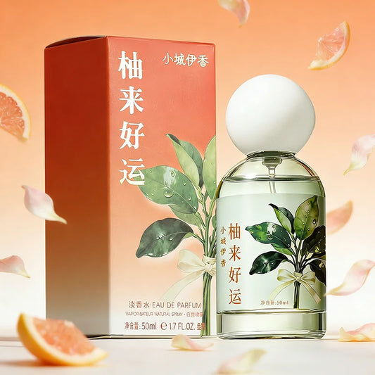 Eau de toilette set: amber glass bottle with round cap and matching box