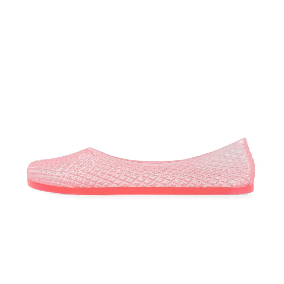 Pink jelly shoe with mesh lattice upper and low-profile sole
