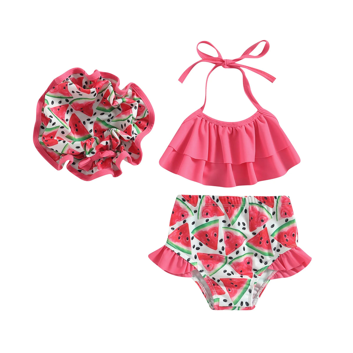Pink ruffle halter bikini and matching hat with watermelon print
