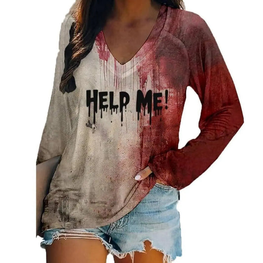 Halloween Bloody Print 3D Graphic Long Sleeve T-Shirt Casual V-Neck Top Polyester Breathable Women's Fashion Apparel K's Collection Store
