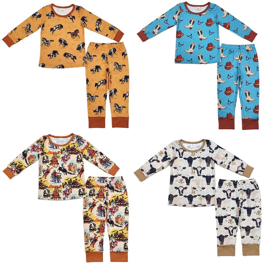 Boys' bamboo pajama set with western horse print, long sleeves and matching pants