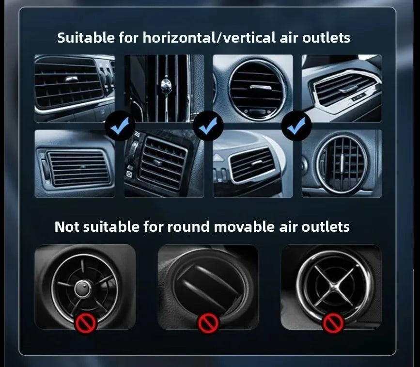 Black car air vent clip phone mount for horizontal and vertical outlets