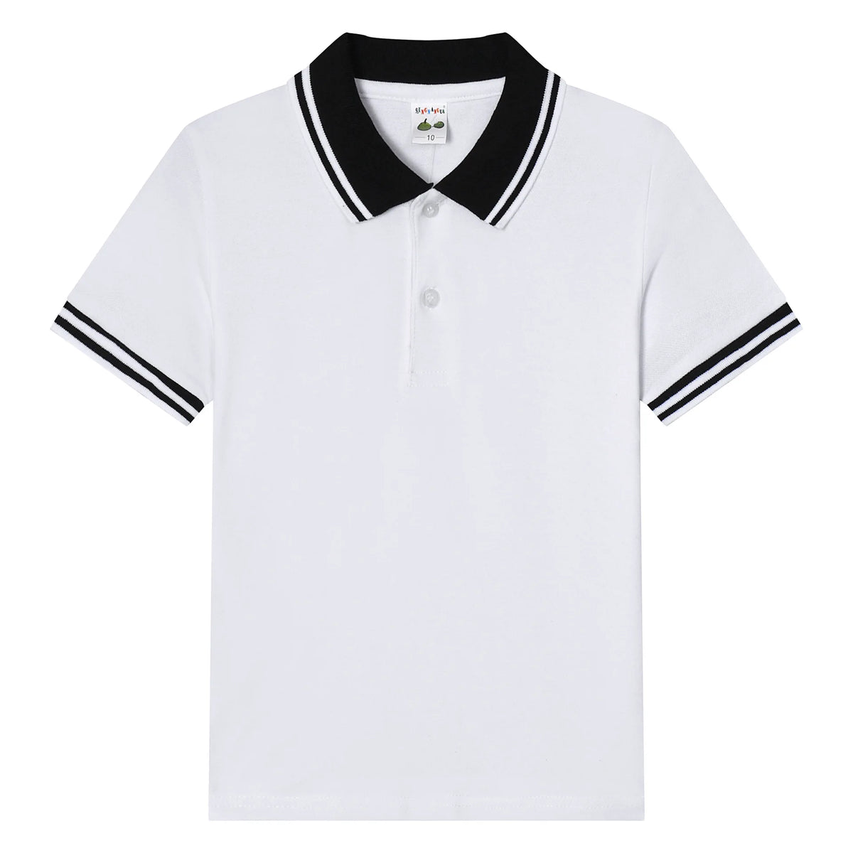 Boys short-sleeve polo shirt, white with black collar and double-striped trim