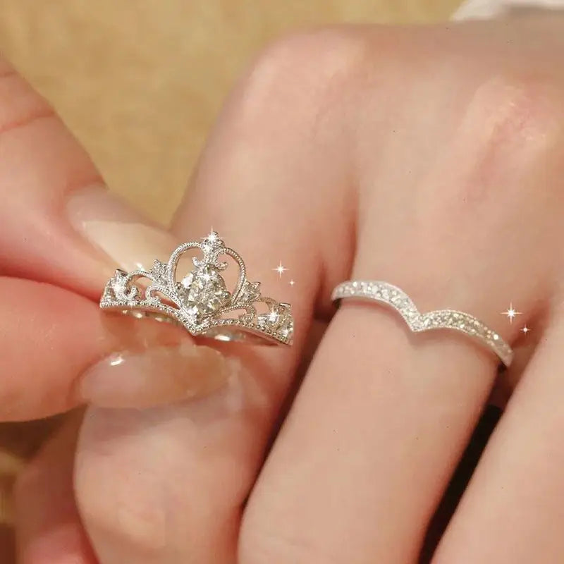 2PCS Fairy Sparkling Crown Rings for Women Teen Crystal Korean Adjustable Silvery Anniversary Gift Party Queen Ring Set Jewelry K's Collection Store