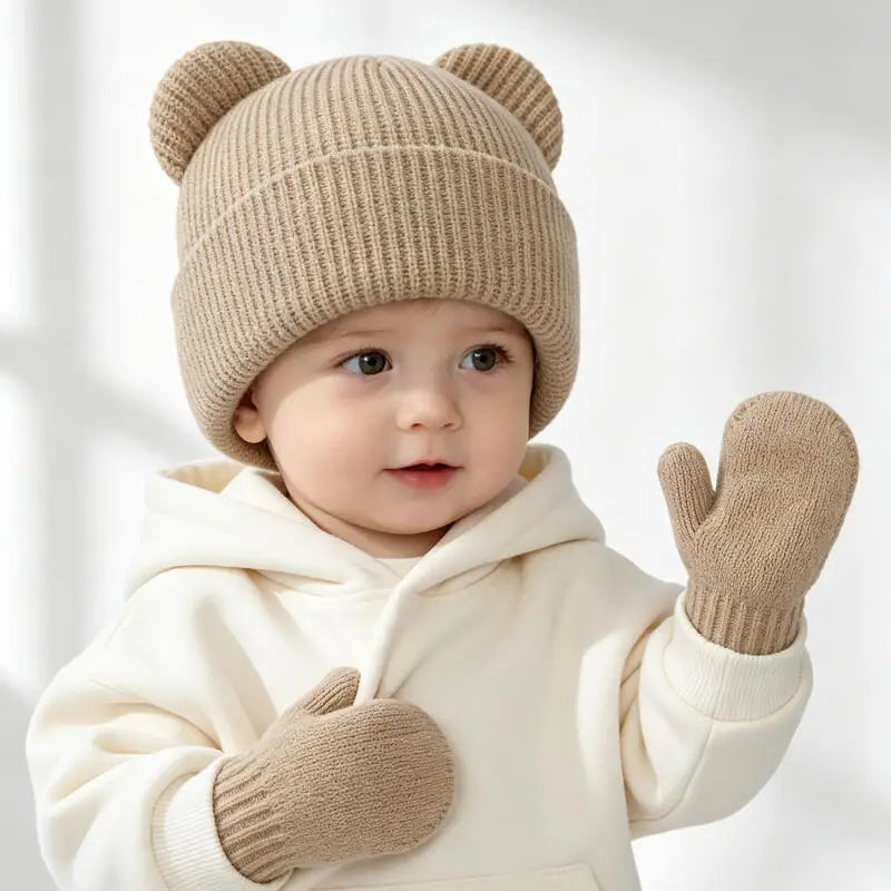Winter Kids Hat Gloves Set Cute Bear Ear Beanie for Boys Girls Warm Kintted Earflap Hats Solid Color Mittens 6M-3Y K's Collection Store
