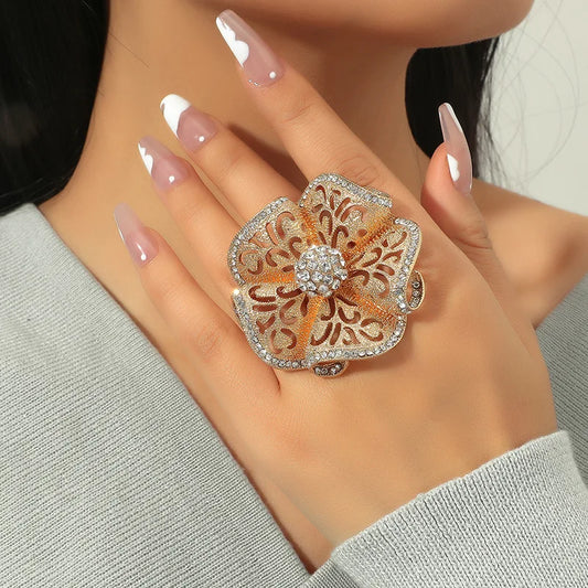 Luxury Big Flower Zircon Rings Women Indian Jewelry Classic Hollow Gold Color Adjustable Ring Female Gifts K's Collection Store