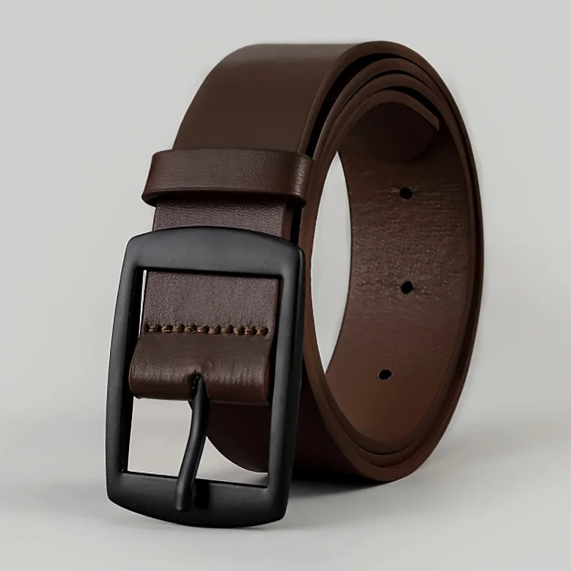 Men's PU leather belt in brown with black square pin buckle and round adjustment holes
