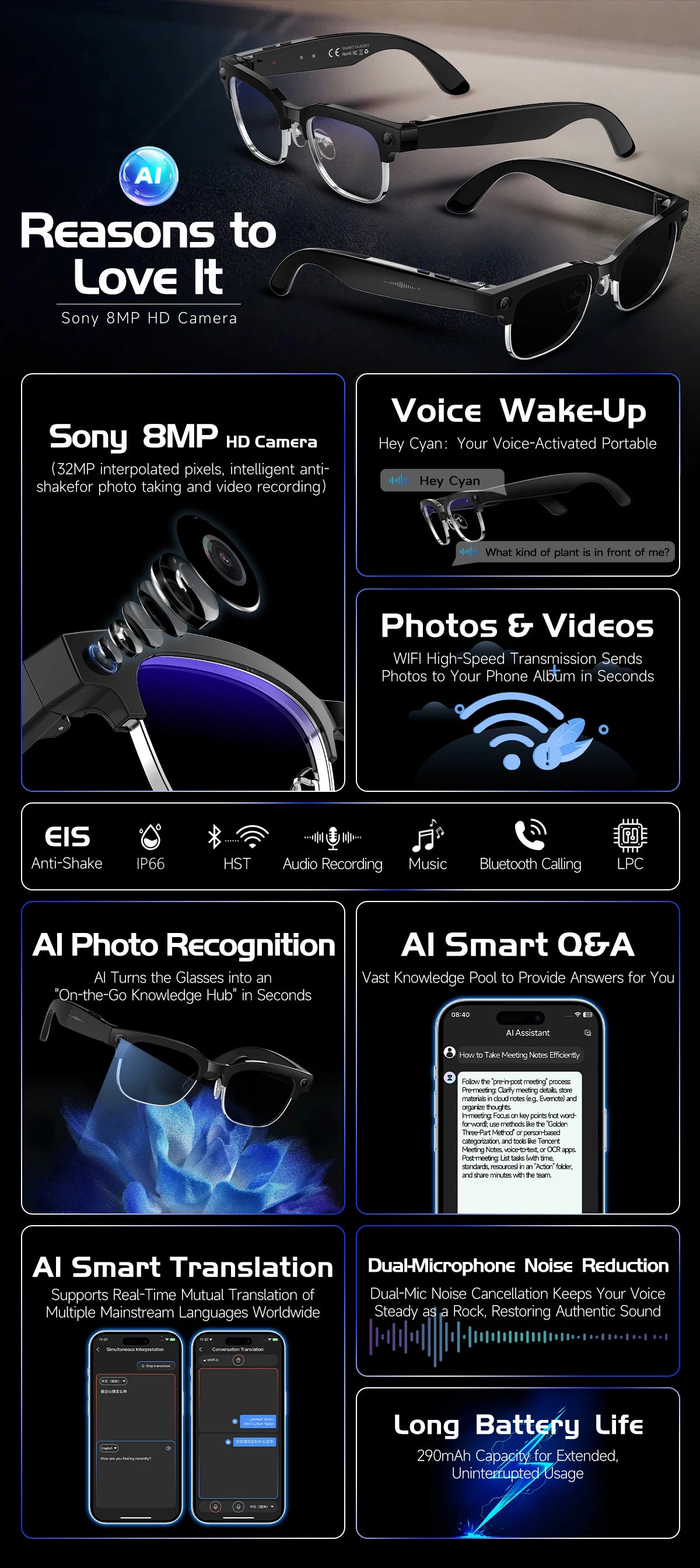 2026 New 8MP Ultra-Wide HD Camera Smart Glasses Video Record 4GB AI Photo Recognition BT Call Translation Voice Smart Glasses K's Collection Store