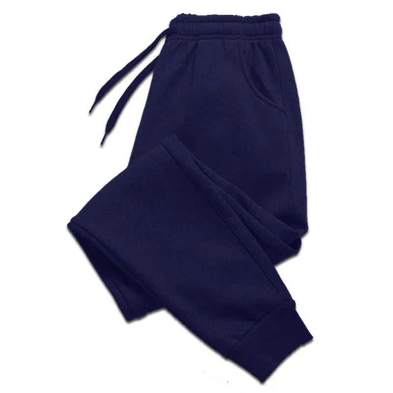 Men's slim fit navy jogger sweatpants with drawstring and tapered cuffs