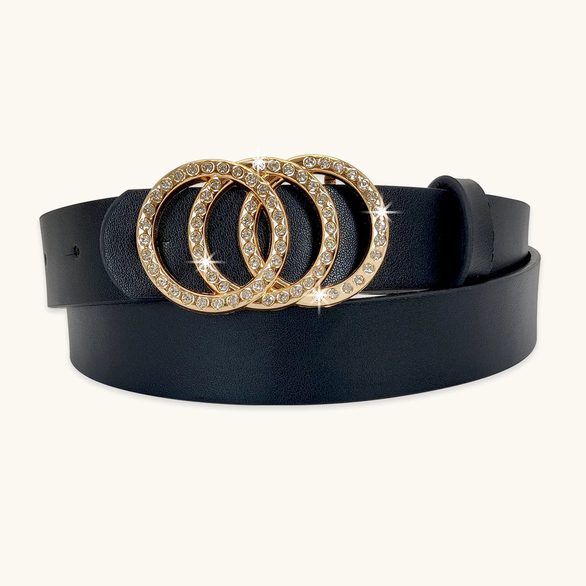 Black PU leather belt with three-ring alloy buckle, jeweled gold tone, flat strap