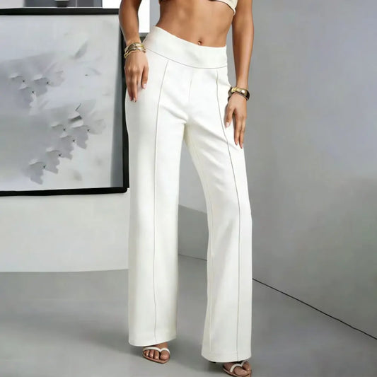 Womens Elegant High Waist Straight Pants Simple Office Formal Wear White Soft Elastic Quick Dry Wide Leg Trouser Commute Outfits K's Collection Store