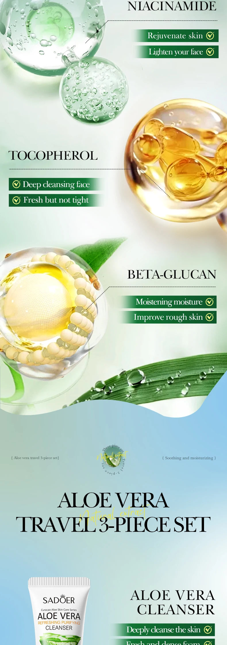 Aloe vera travel 3-piece set with cleanser tube shown alongside ingredient icons