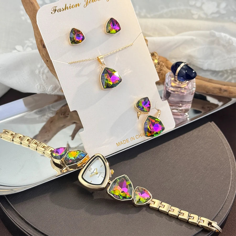 Luxury Ladies Quartz Watch  Colorful Diamond Irregular Shape Necklace Ring Earrings Jewelry Set Four-Piece Gift Set Trendsetter K's Collection Store