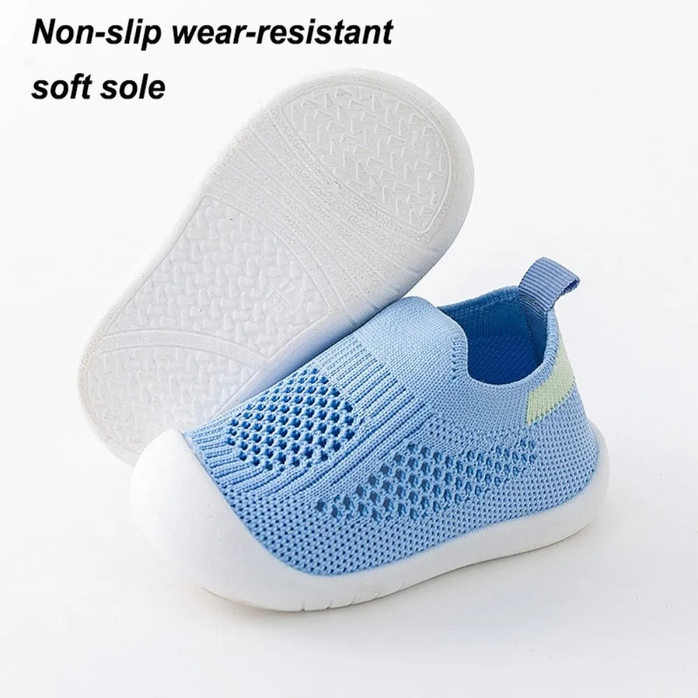 Blue toddler mesh slip-on sandals with non-slip textured white sole