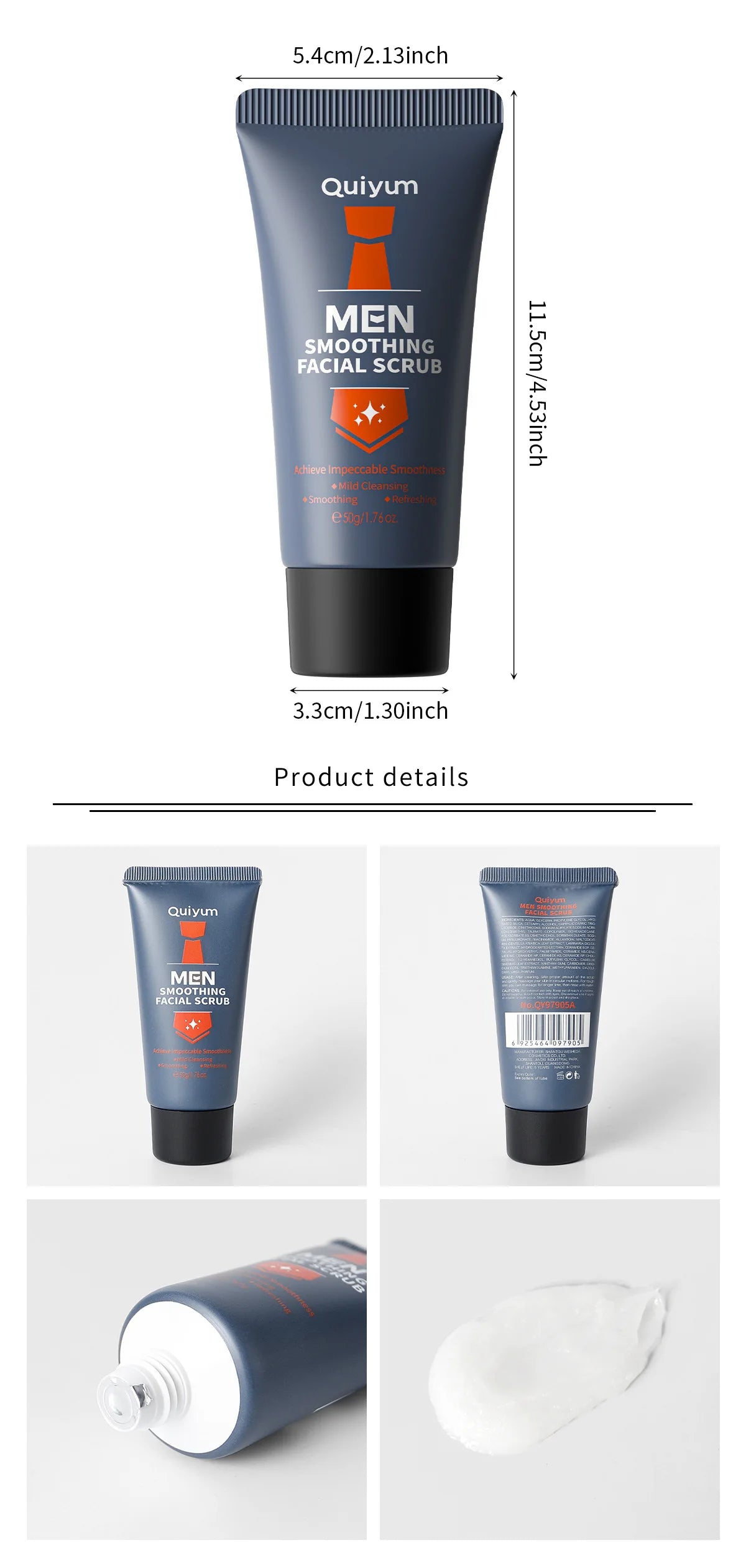 Quiyum MEN smoothing facial scrub tube from multiple angles with cream scoop