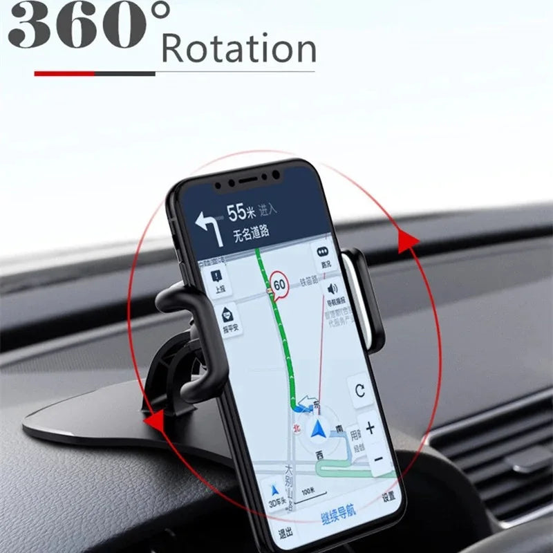 Smartphone in a black dashboard car mount showing route guidance for driving