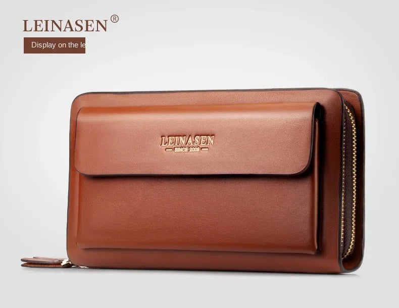 Brown leather wallet with front flap, LEINASEN logo, and double zipper closure