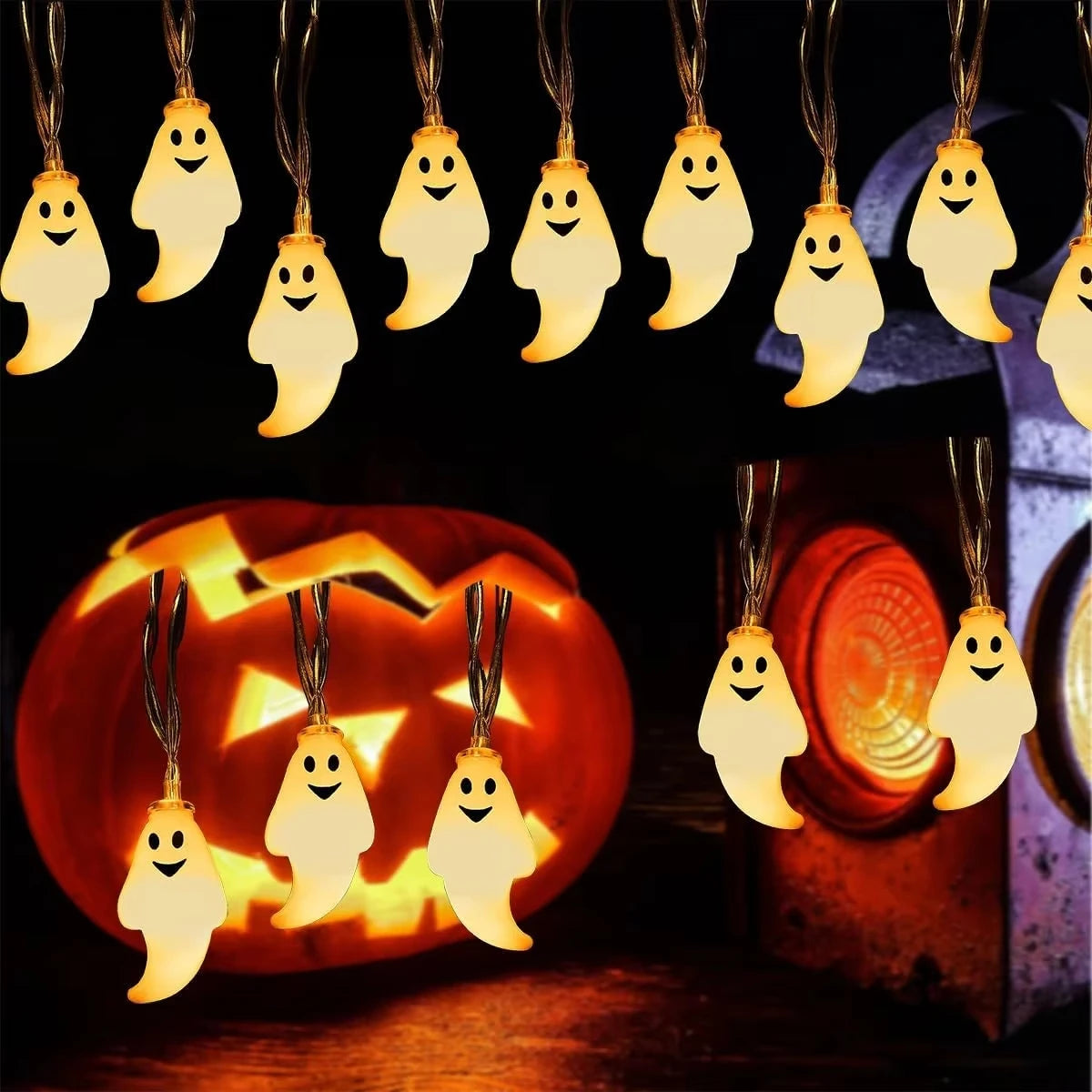Halloween Ghost Shape LED Fairy Lights Battery Operated Spooky Glow String Horror Decor Prop For Home Holidays Party Decor Lamp K's Collection Store