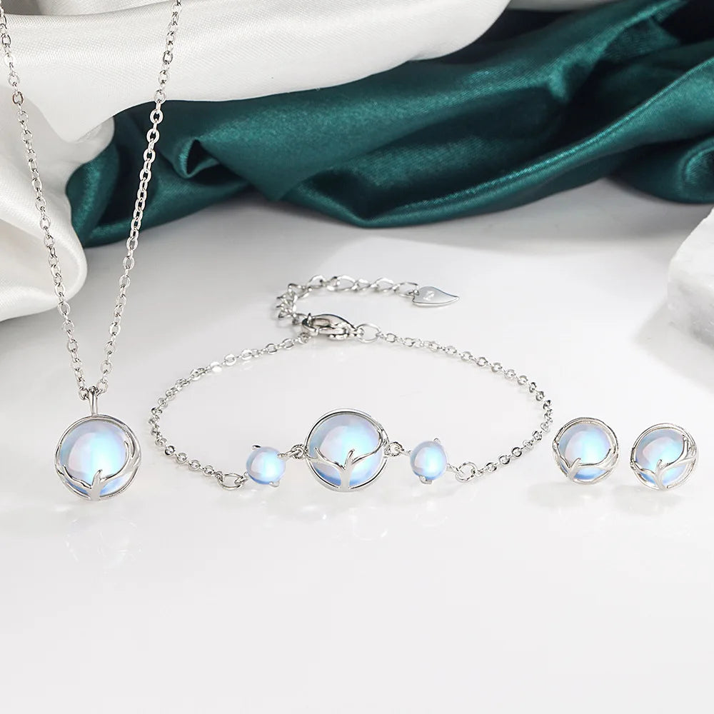 925 Sterling Silver Elegant Women's Jewelry  Sets Round Antler Crystal Earrings Bracelets Necklace Elegant Argent 925 K's Collection Store