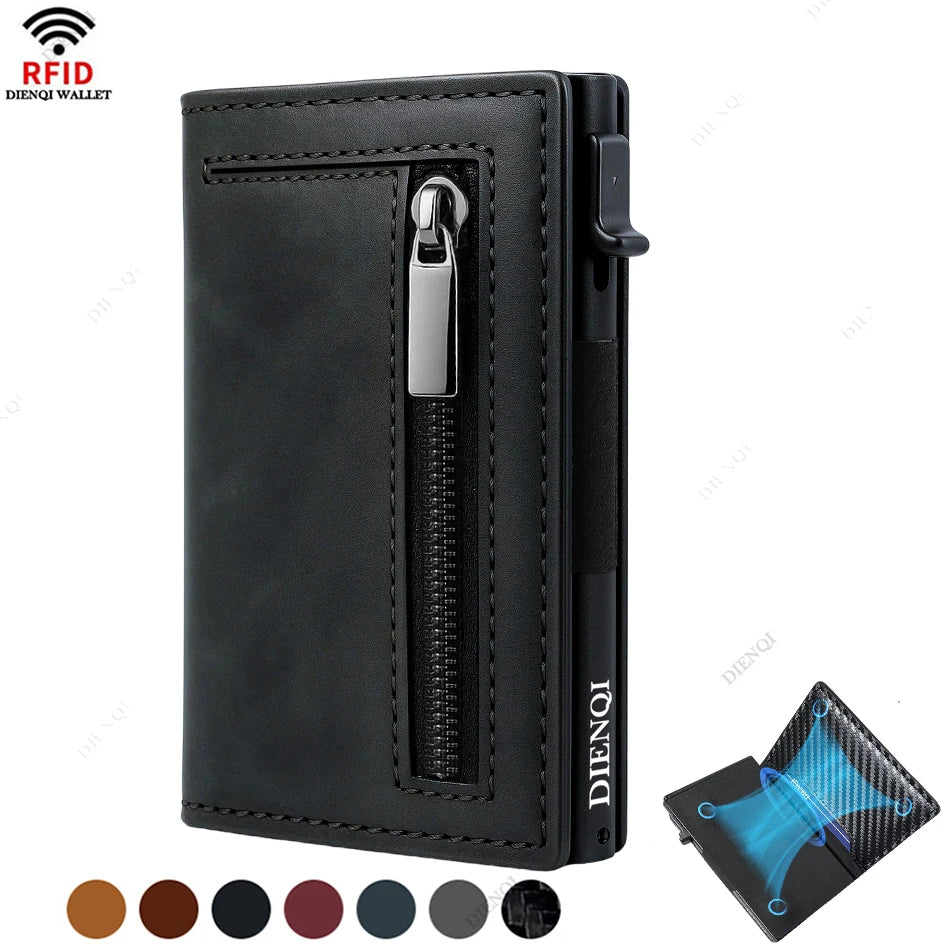 Carbon black slim card holder with exterior zipper pocket and side metal clip